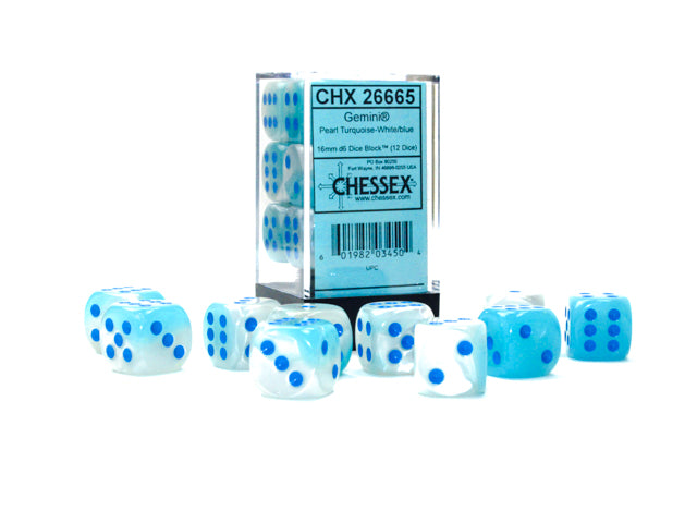 Chessex: GEMINI 12D6 TURQUOISE-WHT/BLUE LUMINARY 16MM