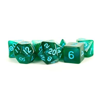 FanRoll: Dice: Acrylic 16mm 7pc Set: Stardust Green with Blue Numbers