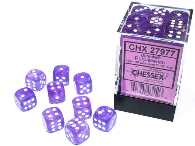 Chessex: Borealis 12mm 36 Dice Purple/white