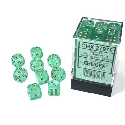 Chessex: Borealis 12mm 36 Dice Light Green / Gold