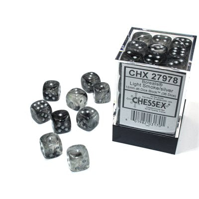 Chessex: Borealis 12mm 36 Dice Light Smoke / Silver
