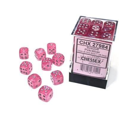 Chessex: Borealis 12mm 36 Dice Pink / Silver