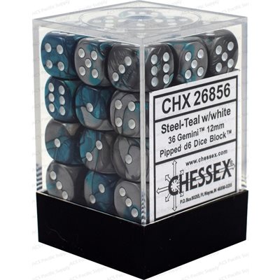 Chessex: Gemini 12mm 36 Dice Steel Teal / White