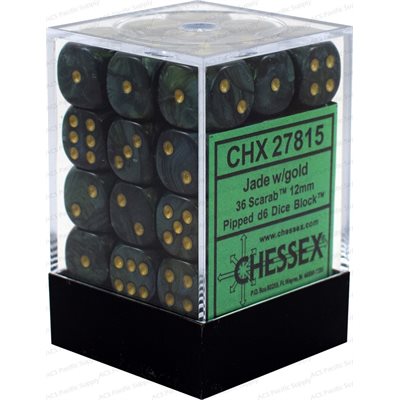 Chessex: Scarab 12mm 36 Dice Jade/Gold