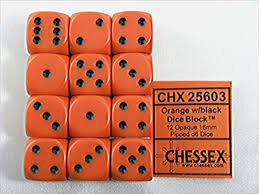 Chessex: Opaque 16mm  Orange / Black (12)